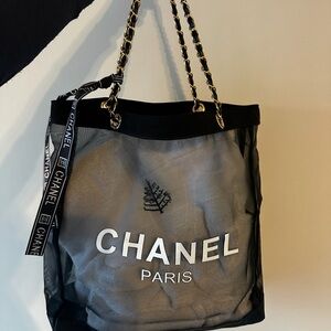 GWP Chanel Black Mesh beach Tote with Gold Chain